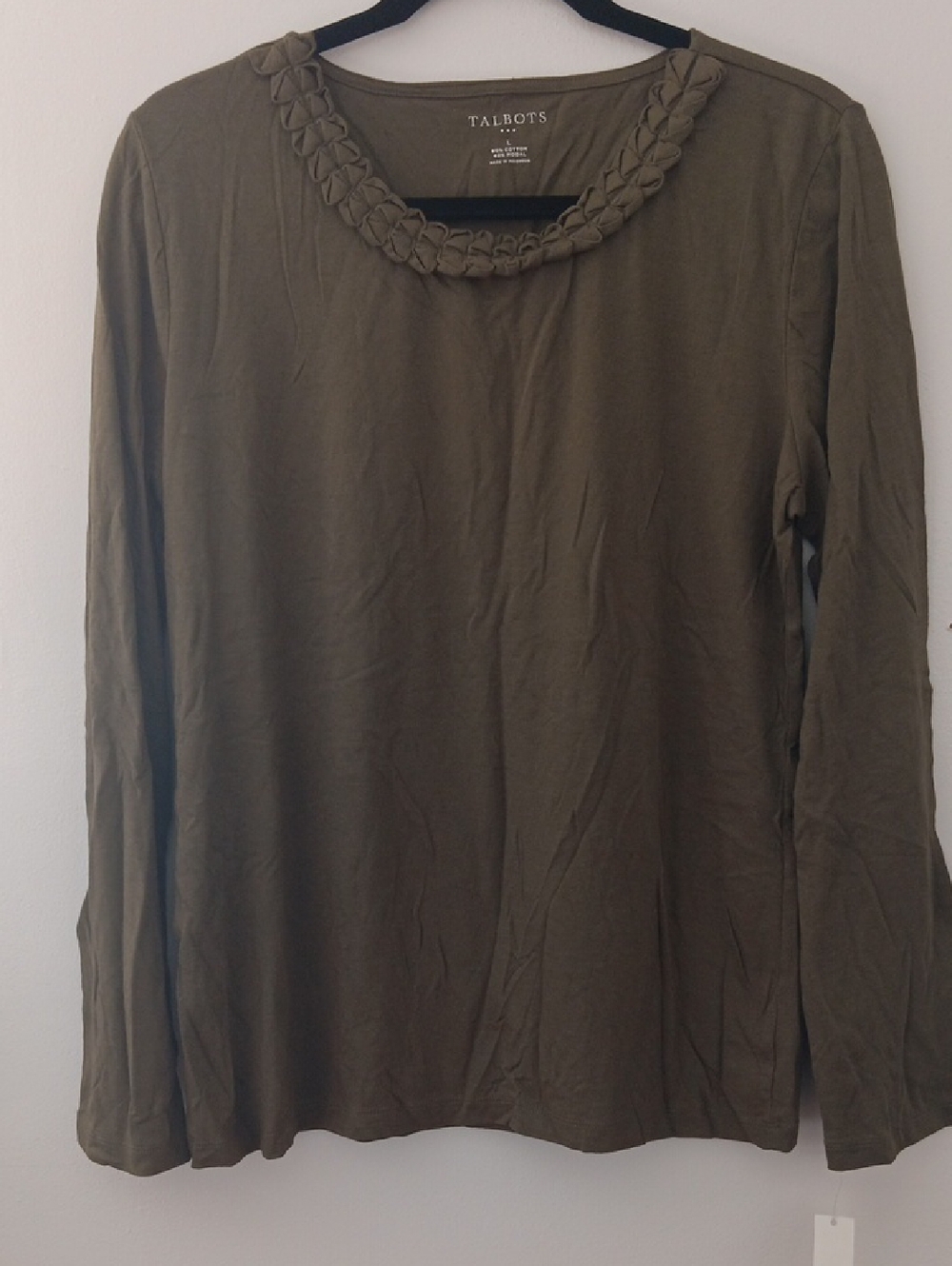 Talbots Olive Braided-Neck Long Sleeve Tee #3588